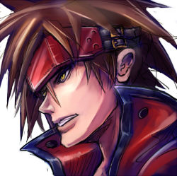 Rule 34 | 1boy, brown hair, guilty gear, headband, lips, male focus, nose, popped collar, portrait, short hair, simple background, sol badguy, solo, sowel (sk3), white background, yellow eyes