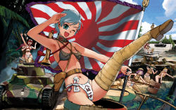 Rule 34 | 6+girls, arisaka, arisaka type 99, armpits, army, barrel, bikini, bikini top only, blue eyes, blue hair, bolt action, boots, breasts, caterpillar tracks, cloud, day, drum (container), flag, fundoshi, glasses, grabbing, grabbing another&#039;s breast, gun, hair ornament, hairclip, hat, highres, imperial japanese army, japan, japanese clothes, japanese flag, leg lift, medium breasts, military, military vehicle, moeyo! sensha gakkou, moeyo! senshya gakou, moeyo! sensya gakkou, motor vehicle, multiple girls, navel, nogami takeshi, nude, one eye closed, rifle, rising sun flag, running, sky, sunburst, swimsuit, sword, tank, thighhighs, tree, twintails, type 97 chi-ha, vehicle, war, weapon, wink, world war ii