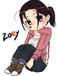Rule 34 | 1girl, animification, bad id, bad pixiv id, bandaid, bandaid on face, brown eyes, brown hair, chibi, left 4 dead, lowres, ponytail, solo, zoey (left4dead)