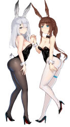 Rule 34 | 2girls, absurdres, alternate breast size, alternate costume, amiya (arknights), animal ear fluff, animal ears, arknights, ass, bare shoulders, black bow, black bowtie, black footwear, black pantyhose, blue eyes, blunt bangs, bow, bowtie, breasts, brown hair, cleavage, closed mouth, clothing cutout, collarbone, detached collar, frostnova (arknights), full body, grey eyes, hair over one eye, high heels, highres, holding, holding sword, holding weapon, huijin zhi ling, interlocked fingers, leg up, leotard, long hair, looking at viewer, medium breasts, multiple girls, pantyhose, playboy bunny, ponytail, rabbit ears, rabbit girl, rabbit tail, sideboob, skindentation, smile, split mouth, standing, standing on one leg, sword, tail, tail through clothes, thighlet, very long hair, weapon, white hair, white pantyhose, wrist cuffs