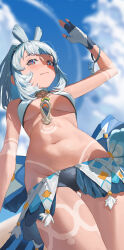 Rule 34 | 1girl, absurdres, arm up, artist name, bikini tan, blue gloves, blue hair, blue hairband, blue pupils, blue sky, blush, body markings, braid, breasts, chinese commentary, closed mouth, cloud, commentary request, cowboy shot, day, fay1221, fingerless gloves, from below, genshin impact, gloves, gluteal fold, hairband, hawaiian clothes, highres, light blue hair, looking at viewer, looking down, medium breasts, medium hair, mualani (genshin impact), navel, outdoors, red eyes, shading eyes, sky, solo, standing, stomach, tan, tanline, thigh gap, thighs