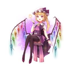 Rule 34 | 1girl, :d, alternate color, ascot, black legwear, blonde hair, blush, bow, cape, commentary request, fang, flandre scarlet, full body, hat, hat bow, hat ribbon, index finger raised, minust, mob cap, open mouth, patterned background, pentagram, puffy short sleeves, puffy sleeves, purple footwear, purple skirt, purple vest, red eyes, ribbon, shoes, short sleeves, side ponytail, skirt, smile, solo, star (symbol), touhou, transparent background, vest, white cape, wings