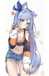 Rule 34 | 1girl, anger vein, animal ear fluff, animal ears, annoyed, artist name, blue eyes, blue hair, blue shorts, blush, borrowed character, candy, cat ears, cat girl, cat tail, crop top, cutoffs, dated, denim, denim shorts, detached sleeves, food, hand on own thigh, hand to own mouth, highres, kobutanori, leaning forward, lollipop, long hair, looking at viewer, midriff, bae minah (chaesu), navel, original, ribbon, shirt, short shorts, shorts, solo, tail, thighs