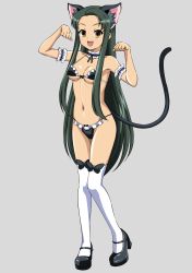 Rule 34 | 1girl, :d, absurdres, animal ears, armband, bikini, black bow, black footwear, black ribbon, bow, bow legwear, breasts, cat ears, cat tail, collar, commentary request, fang, forehead, frilled armband, frilled bikini, frilled collar, frills, full body, green hair, grey background, gurobeya, highres, long hair, looking at viewer, medium breasts, open mouth, paw pose, ribbon, simple background, smile, solo, suzumiya haruhi no yuuutsu, swimsuit, tail, thighhighs, tsuruya, very long hair, white thighhighs