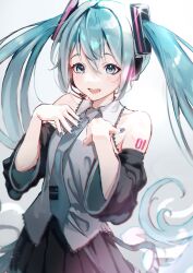 Rule 34 | 1girl, :d, arm tattoo, black skirt, black sleeves, blue eyes, blue hair, blue nails, collared shirt, detached sleeves, floating hair, grey necktie, grey shirt, hair between eyes, hatsune miku, highres, long hair, long sleeves, miku day, nail polish, necktie, nekogayasan, number tattoo, open mouth, pleated skirt, shirt, skirt, sleeveless, sleeveless shirt, smile, solo, standing, tattoo, twintails, very long hair, vocaloid, wing collar