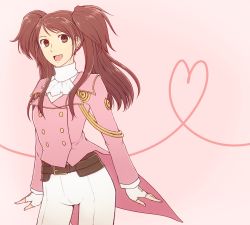 Rule 34 | 1girl, alternate costume, ascot, atlus, belt, brown eyes, brown hair, buttons, coattails, cosplay, double-breasted, earrings, fingerless gloves, formal, gloves, heart, heart of string, jewelry, kujikawa rise, long hair, megami tensei, military, military uniform, miraclenight, open mouth, pants, persona, persona 4, persona 4: dancing all night, persona dancing, sakura taisen, sega, shin megami tensei, shinguuji sakura, shinguuji sakura (cosplay), simple background, smile, solo, suit, tailcoat, tongue, twintails, uniform