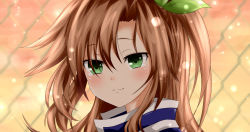 Rule 34 | 10s, 1girl, bow, brown hair, chain-link fence, fence, green eyes, hair bow, hair ornament, if (neptunia), long hair, neptune (series), shika tsui, smile, solo, sunset, tears