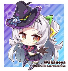 &gt;:) 1girl akaneya arched_bangs black_capelet black_gloves black_hat black_skirt blush_stickers bow bowtie capelet chibi chibi_only closed_mouth commission cone_hair_bun cropped_shirt gloves grey_hair grey_shirt grey_thighhighs hair_bun hairband half_updo hat hololive long_hair long_sleeves looking_at_viewer midriff miniskirt murasaki_shion murasaki_shion_(1st_costume) outstretched_arms pink_bow pink_bowtie planetarian shirt short_eyebrows side_up_bun sidelocks signature single_side_bun skeb_commission skirt smug solo striped_clothes striped_shirt striped_thighhighs thighhighs tilted_headwear twitter_username v-shaped_eyebrows vertical-striped_clothes vertical-striped_shirt vertical-striped_thighhighs virtual_youtuber witch_hat yellow_eyes