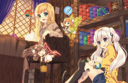 Rule 34 | 4girls, :d, ^ ^, animal, black cat, blonde hair, blue eyes, blush, book, bookshelf, brown hair, butterfly wings, cat, chair, closed eyes, curtains, double bun, dress, fairy, flask, flower, flying, green eyes, hair bun, hair flower, hair ornament, heledd, holding, indoors, insect wings, jacket, lily of the valley, liquid, long hair, long sleeves, mabinogi, mini person, minigirl, multiple girls, nao (mabinogi), open mouth, outstretched hand, paper, pointy ears, quill, red wings, ribbon, round-bottom flask, scroll, shorts, sitting, skull and crossbones, sky, smile, speech bubble, table, toujou mina, two side up, white dress, white hair, white ribbon, window, wings