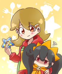 Rule 34 | 2girls, 5-volt, age difference, apron, ashley (warioware), black hair, blush, brown eyes, brown hair, closed mouth, cookie, female focus, food, fork, gradient background, hair between eyes, hand on another&#039;s shoulder, heart, highres, holding, holding food, hood, hood down, hoodie, jitome, long hair, long sleeves, looking at viewer, multiple girls, nintendo, no mouth, orange neckwear, red eyes, red hoodie, shaded face, sidelocks, size difference, skull, sparkle, spoon, squiggle, star (symbol), twintails, warioware, yellow apron