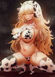 Rule 34 | 1girl, absurdres, animal ears, animal print, arm up, armpits, bikini, blonde hair, blush, breasts, cow ears, cow horns, cow print, curvy, ear tag, elbow gloves, fake animal ears, fake horns, fang, full body, gloves, highres, horns, lara (maplestory), large breasts, long hair, looking at viewer, maplestory, mole, mole on breast, navel, nompang, presenting armpit, print bikini, print gloves, print thighhighs, saliva, side-tie bikini bottom, skindentation, solo, squatting, stomach, sweat, swimsuit, thick thighs, thighhighs, thighs, tiptoes, wavy hair, yellow eyes