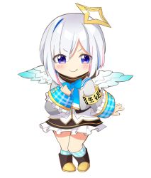 Rule 34 | 1girl, amane kanata, ame., armband, black footwear, black skirt, blue bow, blue eyes, blue hair, blue wings, blush, bob cut, boots, bow, chibi, closed mouth, eyes visible through hair, feathered wings, frilled skirt, frills, full body, gradient wings, hair over one eye, halo, highres, hololive, kneehighs, long sleeves, looking at viewer, mini wings, multicolored hair, multicolored wings, plaid, plaid legwear, shirt, silver hair, simple background, single hair intake, skirt, sleeves past wrists, smile, socks, solo, standing, star halo, two-tone hair, v-shaped eyebrows, virtual youtuber, white background, white shirt, white wings, wings