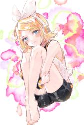 Rule 34 | 1girl, bare legs, bare shoulders, barefoot, blonde hair, blue eyes, blush, bow, detached sleeves, feet together, grabbing own thigh, hair bow, hair ornament, hairclip, headphones, headset, highres, kagamine rin, knees to chest, legs together, knees up, kzs souko, looking at viewer, nail polish, sailor collar, shirt, shorts, siblings, sitting, sleeveless, sleeveless shirt, smile, solo, toes, twins, vocaloid, yellow nails