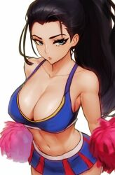 Rule 34 | 1girl, ai-assisted, alternate costume, bare shoulders, black hair, blue eyes, breasts, cheerleader, cleavage, collarbone, cowboy shot, highres, large breasts, long hair, miniskirt, navel, nico robin, one piece, pom pom (cheerleading), ponytail, red lips, shiny skin, simple background, skirt, solo, stomach, vcais, white background