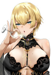 Rule 34 | 1girl, :o, armlet, bare shoulders, black dress, blonde hair, blue eyes, blush, breasts, cleavage, cup, dress, earrings, girls&#039; frontline, highres, jewelry, large breasts, looking at viewer, mole, mole on breast, mole under eye, official alternate costume, parted lips, sam desu, short hair, simple background, sleeveless, solo, spilling, upper body, vsk-94 (girls&#039; frontline), vsk-94 (night on the silver bay) (girls&#039; frontline), white background