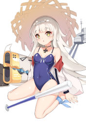 Rule 34 | 1girl, :o, absurdres, azur lane, bad id, bad pixiv id, bare legs, bare shoulders, baseball bat, blue one-piece swimsuit, blush, breasts, catnnn, child, collarbone, commentary, covered navel, cross, hair ornament, hat, highres, holding, jacket, long hair, long sleeves, looking at viewer, medium breasts, off-shoulder jacket, off shoulder, one-piece swimsuit, open mouth, simple background, small breasts, solo, sun hat, swimsuit, white background, white hair, white jacket, yellow eyes, z46 (azur lane)