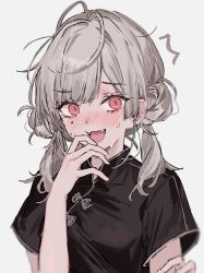 Rule 34 | 1girl, antenna hair, aogisa, blush, chinese clothes, double bun, eyelashes, fangs, grey background, grey hair, hair bun, highres, long eyelashes, long hair, mole, mole under eye, open mouth, original, pink eyes, simple background, solo, surprised, sweat, tongue, twintails, upper body, wide-eyed