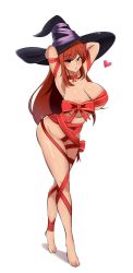 Rule 34 | 1girl, absurdres, areola slip, armpits, arms behind head, azmi yudista, barefoot, blush, breasts, brown eyes, christmas, commission, dragon&#039;s crown, full body, hat, heart, highres, huge breasts, long hair, naked ribbon, nude, parted lips, red hair, revealing clothes, ribbon, simple background, solo, sorceress (dragon&#039;s crown), standing, tiptoes, white background, wide hips, witch hat