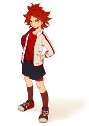 Rule 34 | 1boy, bad id, bad pixiv id, hand on own hip, hands on own hips, harano, hip focus, inazuma eleven, inazuma eleven (series), jacket, looking up, male focus, nagumo haruya, red hair, shoes, short hair, shorts, sneakers, solo, yellow eyes