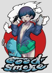 Rule 34 | 1girl, bear, blue eyes, blue hair, breasts, earrings, electronic cigarette, english text, female focus, highres, holding, jacket, jewelry, naked jacket, open mouth, original, pale skin, partially unzipped, piercing, shibata ico, short hair, small breasts, tongue, tongue out, tongue piercing, vaping
