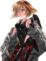 Rule 34 | 1girl, :d, alternate costume, armor, armpit peek, bad id, bad pixiv id, bare shoulders, belt, black belt, black gloves, black leotard, black pants, blonde hair, blush, breasts, collarbone, contrapposto, covered navel, djeeta (granblue fantasy), elbow gloves, floating hair, gloves, granblue fantasy, greaves, grey eyes, gunslinger (granblue fantasy), hair between eyes, hair ribbon, hairband, hand up, highleg, highleg leotard, highres, holding, holster, impossible clothes, impossible leotard, latex, leotard, looking at viewer, medium breasts, open mouth, over shoulder, pants, red hairband, red ribbon, ribbon, shiny clothes, shiny skin, short hair, sideboob, simple background, single elbow glove, skin tight, smile, solo, standing, sweat, water drop, white background, yuitanpo