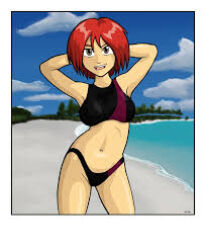 Rule 34 | 1girl, beach, bikini, blue sky, breasts, brown eyes, cloud, kuwashima houko, looking at viewer, lowres, navel, non-web source, red hair, sand, sky, solo, standing, swimsuit, tree, w.i.t.c.h., will vandom