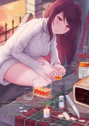 Rule 34 | 1girl, alcohol, alternate costume, black bun, blush, bottle, breasts, candle, closed mouth, coin, cookie, couch, cup, dress, drink, drinking glass, eliskalti, english text, fate/grand order, fate (series), fire, fireplace, food, gae bolg (fate), head tilt, highres, holding, holding cup, holding drinking glass, indoors, knife, leaning forward, lips, long hair, long sleeves, medium breasts, money, on couch, purple hair, red eyes, red ribbon, ribbon, salt, salt shaker, scathach (fate), scathach (fate), sitting, smile, solo, sweater, sweater dress, thighs, tray, turtleneck, turtleneck sweater, very long hair, whiskey, white dress, white sweater, wood