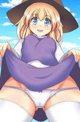 Rule 34 | 1girl, :d, blonde hair, blue eyes, blue sky, blush, bow, bow panties, breasts, cameltoe, clothes lift, cloud, dress, dress lift, female focus, from below, gluteal fold, hair between eyes, hat, highres, lifting own clothes, long sleeves, looking at viewer, looking down, moriya suwako, onaho (otayoku), open mouth, outdoors, panties, panty pull, sky, smile, solo, touhou, underwear, white legwear, white panties, white sleeves