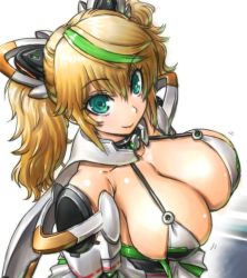 Rule 34 | 1girl, :d, amania orz, aqua eyes, bare shoulders, blonde hair, breasts, cleavage, closed mouth, dress, elbow gloves, gauntlets, gene (pso2), gloves, hair between eyes, halterneck, headgear, large breasts, long hair, looking at viewer, looking up, open mouth, phantasy star, phantasy star online 2, short dress, sketch, smile, solo, thighhighs, twintails, white dress
