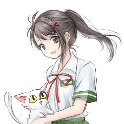 Rule 34 | 1girl, :d, animal, brown eyes, brown hair, cat, collared shirt, commentary request, daijin (suzume), floating hair, hair ornament, hairclip, higu (higuhiro2001), holding, holding animal, holding cat, iwato suzume, light blush, long hair, looking at viewer, neck ribbon, open mouth, ponytail, red ribbon, ribbon, shirt, short sleeves, simple background, smile, solo, suzume no tojimari, white background, white cat, white shirt, wing collar, x hair ornament
