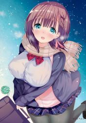 Rule 34 | 1girl, :d, absurdres, aqua eyes, bag, bag charm, black jacket, black pantyhose, blazer, braid, breasts, brown hair, buttons, cardigan, charm (object), copyright name, covered erect nipples, gradient background, hair ribbon, highres, hitsuji takako, holding, holding bag, jacket, large breasts, looking at viewer, neck ribbon, open clothes, open jacket, open mouth, original, pantyhose, pink cardigan, pleated skirt, ribbon, scarf, school bag, school uniform, shoes, skirt, smile, snow, snowflakes, snowing, solo, standing, sweater, thighhighs