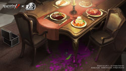 Rule 34 | blood, box, candle, carpet, chain, chair, checkered floor, commentary request, copyright name, crossover, danganronpa (series), food, fork, highres, identity v, indoors, knife, meat, no humans, official art, open box, pink blood, plate, scenery, skull, table, tile floor, tiles, wooden chair, wooden table