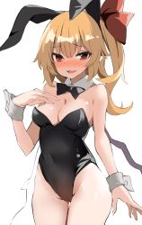 Rule 34 | 1girl, :d, alternate costume, arm up, bare shoulders, black bow, black bowtie, blonde hair, blush, bow, bowtie, breasts, cleavage, collarbone, covered navel, cowboy shot, crystal, detached collar, embarrassed, flandre scarlet, furrowed brow, hair bow, hand on own chest, highres, kamukamu (ars), leotard, looking at viewer, nose blush, one side up, open mouth, playboy bunny, red bow, red eyes, short hair, side ponytail, simple background, small breasts, smile, solo, standing, thighs, touhou, white background, wing collar, wings, wrist cuffs