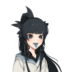 Rule 34 | 1girl, artemis of the blue, atelier live, black eyes, black hair, blue tongue, colored tongue, commentary, copyright request, highres, indie virtual youtuber, japanese clothes, jason kim, kimono, long hair, looking at viewer, mole, mole under eye, open mouth, ponytail, sharp teeth, simple background, solo, teeth, tongue, tongue out, upper body, virtual youtuber, white background, white kimono