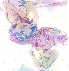 Rule 34 | 2girls, :d, ;d, alternate costume, backlighting, bad id, bad pixiv id, bare arms, bare shoulders, blue flower, blue hair, blush, breasts, collarbone, dot nose, dress, flower, green flower, hair flower, hair ornament, head wreath, highres, kaname madoka, kirikuchi riku, leaf, looking at another, looking down, looking up, mahou shoujo madoka magica, mahou shoujo madoka magica (anime), miki sayaka, multiple girls, one eye closed, open mouth, petals, pink eyes, pink flower, pink hair, short hair, short twintails, simple background, sleeveless, sleeveless dress, small breasts, smile, spaghetti strap, strapless, strapless dress, twintails, upper body, upside-down, white background, white dress, yellow flower