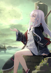 Rule 34 | 1girl, ahoge, artist name, azuuru, black coat, black skirt, blue eyes, blush, cardigan, closed mouth, cloud, coat, cover, cover page, elaina (majo no tabitabi), floating hair, green sky, hair between eyes, highres, hooded cardigan, long hair, long sleeves, majo no tabitabi, miniskirt, novel cover, novel illustration, official art, open clothes, open coat, outdoors, pleated skirt, profile, ribbed cardigan, silver hair, sitting, skirt, solo, very long hair, white cardigan