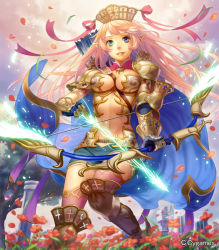 Rule 34 | 10s, 1girl, armor, arrow (projectile), blonde hair, blue eyes, boots, bow (weapon), breasts, cape, cleavage, elf, esukee, gloves, green eyes, heterochromia, long hair, looking at viewer, navel, petals, pointy ears, quill, shingeki no bahamut, shorts, smile, solo, weapon, wind
