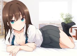 Rule 34 | 10s, 1girl, breasts, brown hair, dress shirt, green eyes, idolmaster, idolmaster cinderella girls, jewelry, legs up, long hair, looking at viewer, lying, nagami yuu, necklace, necktie, no shoes, on side, open clothes, open shirt, school uniform, shibuya rin, shirt, short sleeves, skirt, small breasts, smile, solo