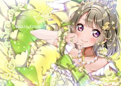 Rule 34 | 1girl, artist name, artist request, blush, bow, bowtie, breasts, brown hair, close-up, clothing cutout, collarbone, crescent, crescent earrings, crescent hair ornament, criss-cross halter, cross-laced clothes, cross-laced dress, cross-laced top, crown print, diamond (love live!), double horizontal stripe, dress, dress bow, earrings, feathers, female focus, frilled cuffs, frilled dress, frilled sleeves, frills, gem, green bow, green nails, green ribbon, grey hair, hair ornament, halterneck, heart, heart print, highres, jewelry, lace, lace-trimmed dress, lace trim, light brown hair, looking at viewer, love live!, love live! nijigasaki high school idol club, love live! school idol festival, nail, nail polish, nakasu kasumi, necklace, parted lips, pearl (gemstone), pearl necklace, pink eyes, plaid, plaid dress, pleated, pleated dress, puffy short sleeves, puffy sleeves, purple eyes, ribbon, short hair, short sleeves, shoulder cutout, smile, solo, star (symbol), star hair ornament, tiara, upper body, white dress, white feathers, wrist cuffs, yellow background, yellow bow, yellow dress, yellow nails, yellow ribbon, yellow wrist cuffs