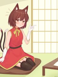 Rule 34 | 1girl, :o, adapted costume, animal ear fluff, animal ears, bare shoulders, black thighhighs, bow, bowtie, breasts, brown eyes, brown hair, cat ears, cat tail, chen, commentary request, double-parted bangs, garter straps, gloves, hand up, highres, indoors, light blush, looking at viewer, multiple tails, nekomata, no headwear, open mouth, pillow, seiza, short hair, sitting, small breasts, solo, table, tail, textless version, thighhighs, touhou, two tails, vallneko, white gloves, yellow bow, yellow bowtie