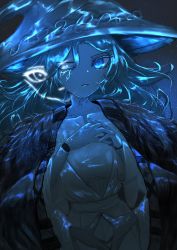 Rule 34 | 1girl, absurdres, blue eyes, blue skin, blue theme, cloak, colored skin, cracked skin, cvel 1014, dress, elden ring, extra arms, extra faces, flat chest, fur cloak, hands up, hat, highres, interlocked fingers, looking at viewer, monochrome, own hands together, parted lips, ranni the witch, solo, steepled fingers, white dress, witch hat