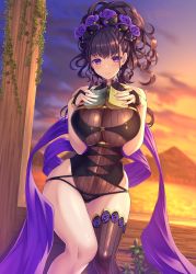 Rule 34 | 1girl, absurdres, armlet, bare shoulders, beach, black gloves, black one-piece swimsuit, blush, book, breasts, closed mouth, commentary request, covered navel, emanon123, fate/grand order, fate (series), fingerless gloves, flower, gloves, gold trim, gradient sky, hair flower, hair ornament, hair up, half gloves, highleg, highleg swimsuit, highres, holding, holding book, large breasts, long hair, looking at viewer, murasaki shikibu (fate), murasaki shikibu (swimsuit rider) (fate), murasaki shikibu (swimsuit rider) (first ascension) (fate), one-piece swimsuit, orange sky, purple eyes, purple hair, purple sky, shawl, single thighhigh, sky, smile, swimsuit, thighhighs, thighs, twilight