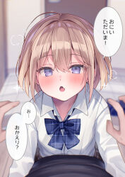 Rule 34 | 1girl, 1other, :o, blue bow, blurry, blurry background, blush, bow, brown hair, collared shirt, commentary request, depth of field, door, dress shirt, ebihara beniko, fang, grey skirt, hair between eyes, highres, hug, indoors, looking at viewer, open mouth, original, plaid, plaid bow, pov, purple eyes, school uniform, shirt, skirt, solo focus, translated, white shirt