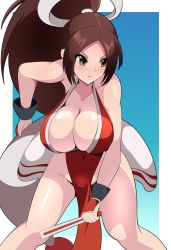 Rule 34 | 1girl, arm guards, bare shoulders, breasts, brown eyes, brown hair, cleavage, commentary request, fatal fury, fighting stance, folded fan, folding fan, hand fan, harubato, high ponytail, highres, huge breasts, large breasts, leaning forward, ninja, parted bangs, pelvic curtain, ponytail, revealing clothes, rope, shiranui mai, solo, standing, the king of fighters, thighs