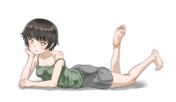 Rule 34 | 1girl, ass, bad id, bad pixiv id, bare shoulders, barefoot, black hair, casual, feet, full body, highres, looking at viewer, lying, on stomach, original, parted lips, short hair, shorts, sleeveless, smile, soles, solo, souji kurokawa, strap slip, the pose, toes, yellow eyes