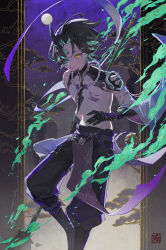 Rule 34 | 1boy, absurdres, aqua hair, armor, black gloves, black hair, black shorts, chinese clothes, feet out of frame, genshin impact, gloves, half mask, highres, hitohachan, holding, holding polearm, holding weapon, jewelry, looking at viewer, male focus, mask, moon, multicolored hair, necklace, parted lips, pearl necklace, polearm, primordial jade winged-spear (genshin impact), shorts, shoulder armor, shoulder spikes, single sleeve, solo, spikes, two-tone hair, weapon, xiao (genshin impact), yellow eyes