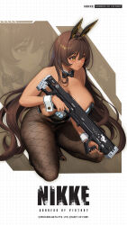Rule 34 | 1girl, animal ears, bare shoulders, blush, breasts, brown hair, cleavage, closed mouth, dark-skinned female, dark skin, detached collar, dramz, fake animal ears, fishnet pantyhose, fishnets, goddess of victory: nikke, hair between eyes, highres, holding, holding weapon, huge breasts, leotard, long hair, noir (nikke), pantyhose, playboy bunny, rabbit ears, second-party source, solo, strapless, strapless leotard, very long hair, weapon, wrist cuffs