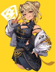 1girl breasts chinese_clothes cleavage double_bun earrings hair_bun jewelry kaminari_qpi large_breasts pokimari sleeves_past_wrists tongue tongue_out v virtual_youtuber vspo! yellow_background