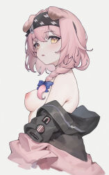 Rule 34 | 1girl, absurdres, animal ears, arknights, black headband, black jacket, blue bow, blush, bow, braid, breasts, cat ears, cat girl, floppy ears, goldenglow (arknights), grey background, hair bow, hair intakes, headband, highres, jacket, jacket partially removed, juejue, lightning bolt print, looking at viewer, medium breasts, medium hair, multicolored clothes, multicolored jacket, nipples, no bra, open mouth, pink hair, pink jacket, print headband, simple background, solo, two-tone jacket, yellow eyes