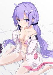 Rule 34 | 1girl, anchor symbol, azur lane, blush, bra, breasts, cardigan, collarbone, commentary request, gotyou, hair ornament, hair scrunchie, hairclip, highres, long hair, low twintails, medium breasts, no pants, no shoes, open bra, open cardigan, open clothes, open shirt, pantyhose, purple eyes, purple hair, sailor collar, scrunchie, sitting, skirt, unworn skirt, smile, solo, twintails, underwear, undressing, unicorn (long-awaited date) (azur lane), unicorn (azur lane), very long hair, white cardigan, white pantyhose, x hair ornament